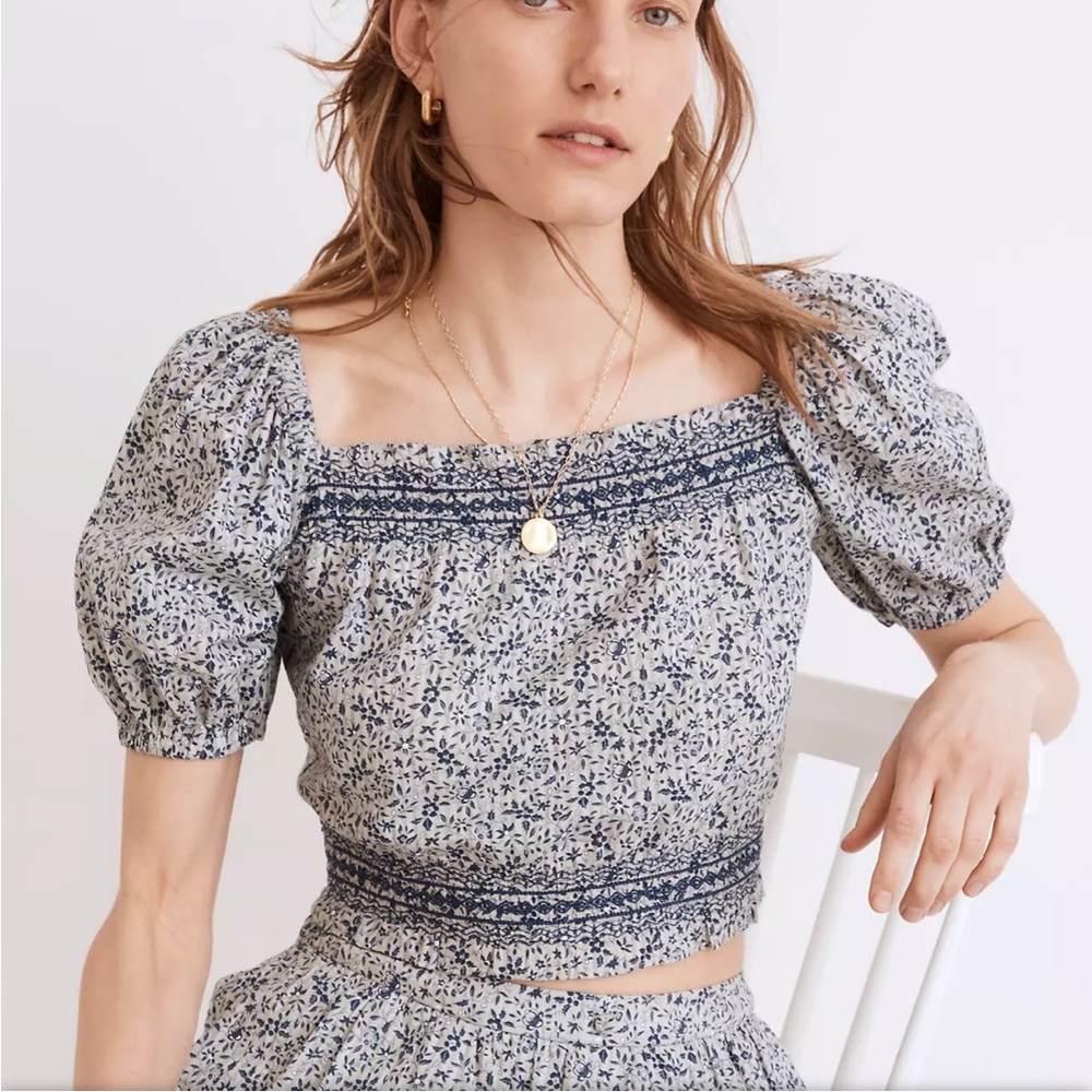 Madewell Blue Floral Puff-Sleeve Crop Top - Picture 3 of 7
